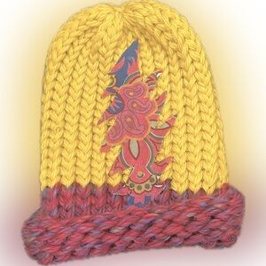 Hand Knit Acrylic Grateful Dead Baby Beanie | Yellow/Pink